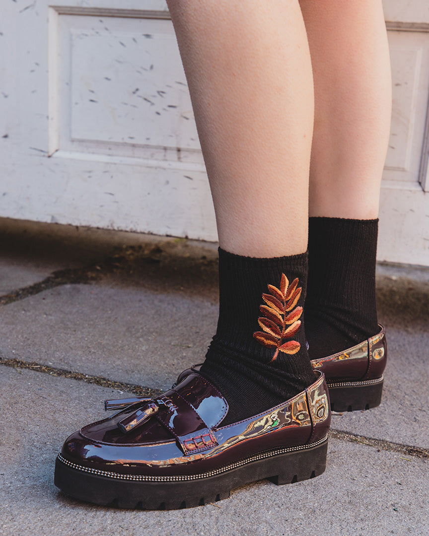 Women's Embroidered Golden Leaf Vintage Style Crew Socks : Color: Burgundy