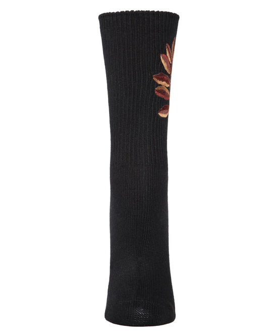Women's Embroidered Golden Leaf Vintage Style Crew Socks : Color: Burgundy