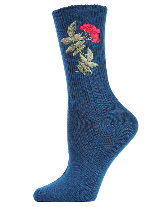 Women's Embroidered Berry Leaf Vintage Style Crew Socks : Color: Teal