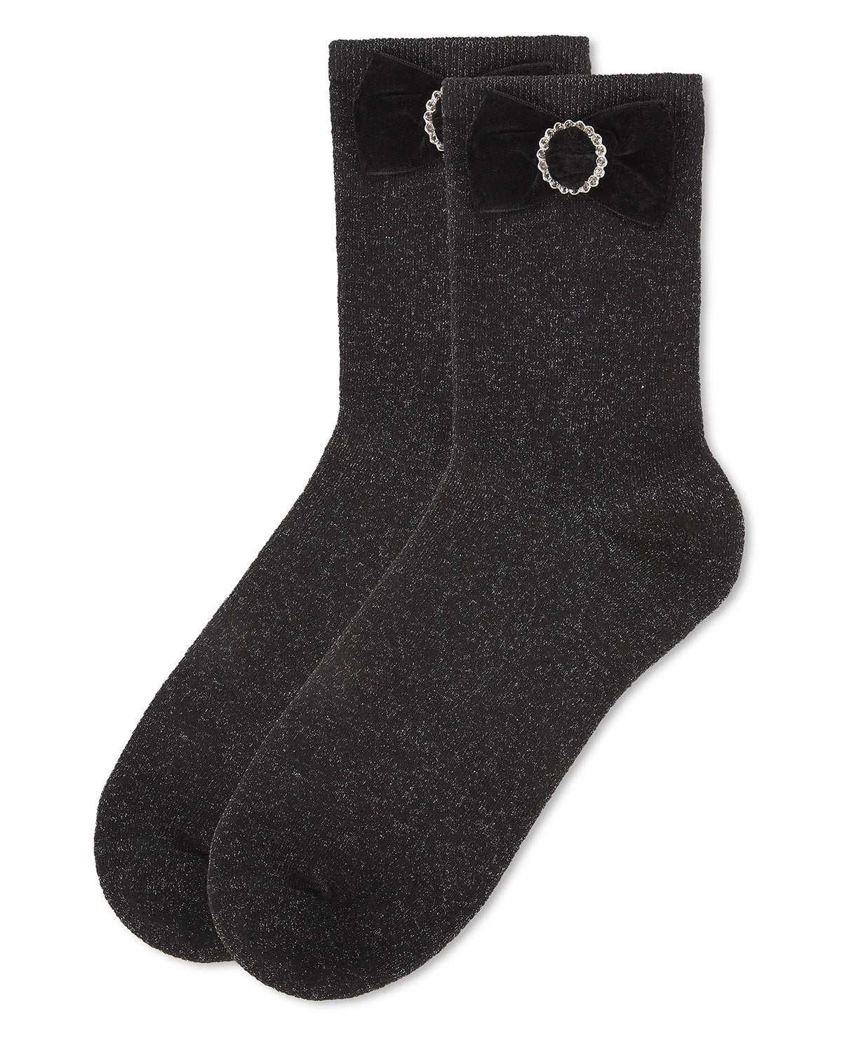 Women's Velvet Bow Metallic Lurex Crew Socks : Color: Black