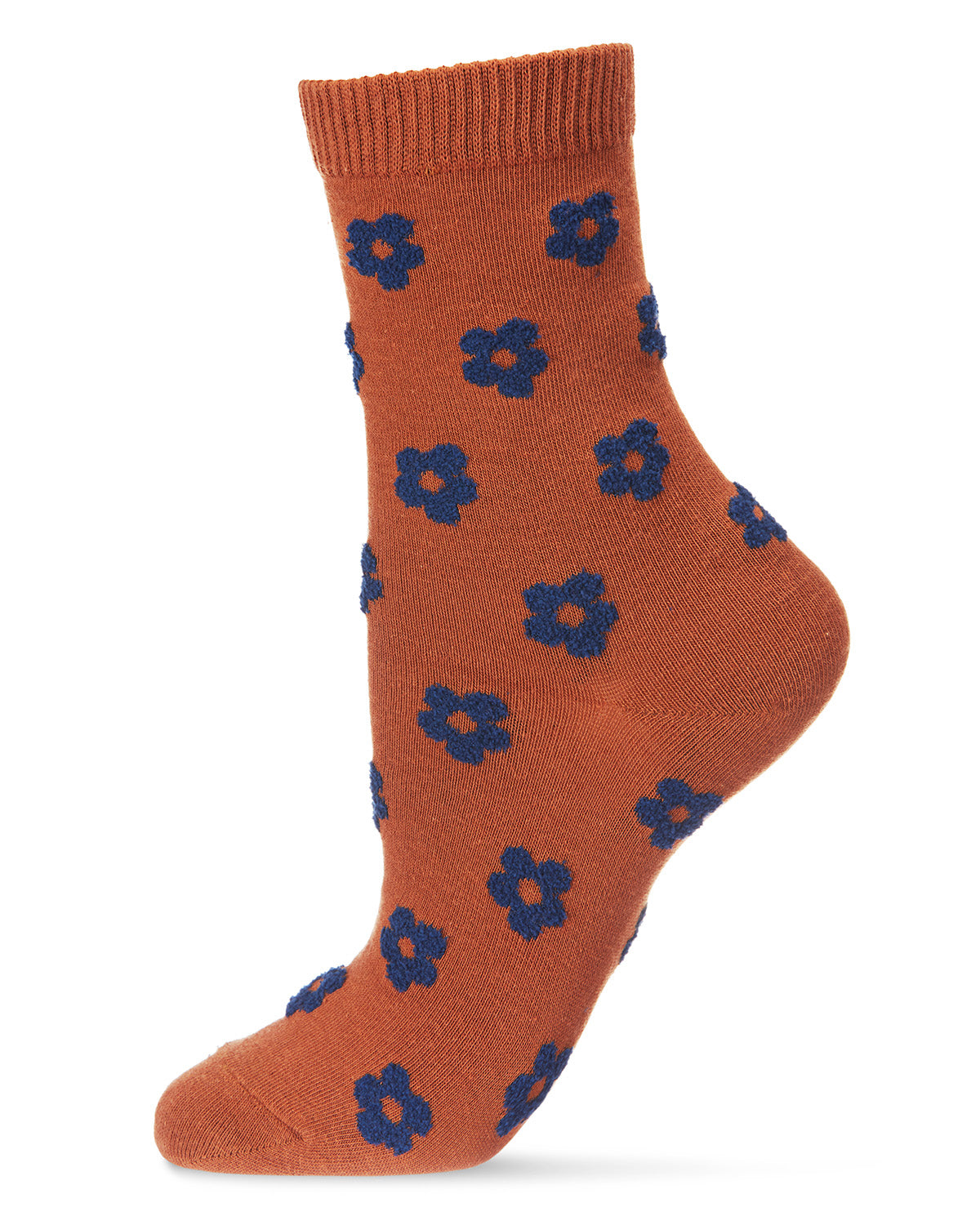 Women's Flocked Contrast Cotton Blend Floral Crew Sock : Color: Rust