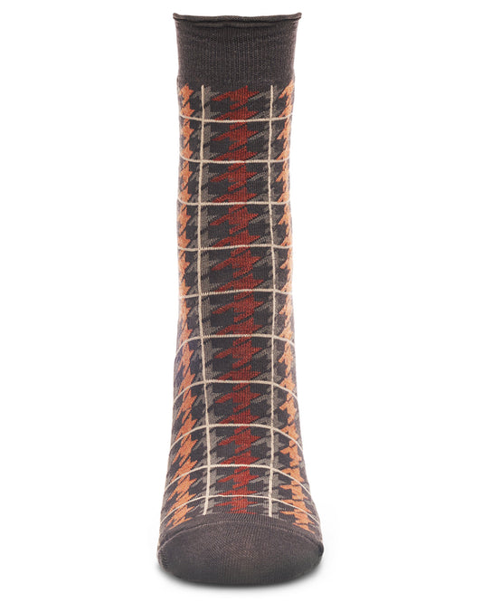 Women's Houndstooth Plaid Roll Cuff Crew Socks : Color: Charcoal Heather