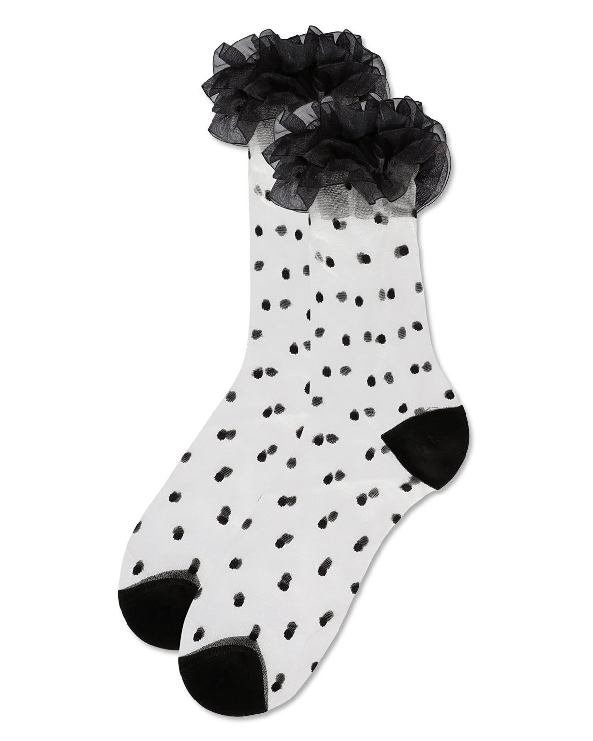 Women's Polka Dot Ruffle Lace Cuff Sheer Crew Socks : Color: White