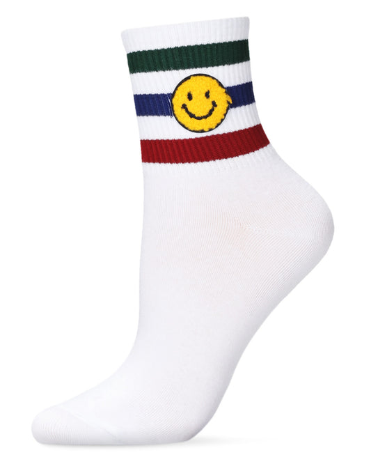 Women's Smiley Terry Patch Stripe Crew Socks : Color: White