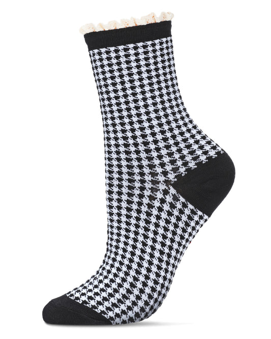 Women's Houndstooth Lace Cuff Crew Socks : Color: Black-White