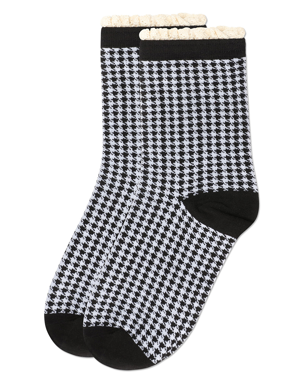 Women's Houndstooth Lace Cuff Crew Socks : Color: Black-Red
