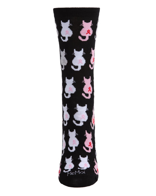 Pink Cat Ribbon Breast Cancer Awareness Bamboo Blend Socks : Color: Black