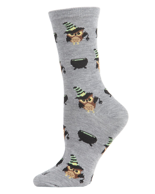 Women's Witchy Owl Festive Crew Socks : Color: Medium Gray Heather