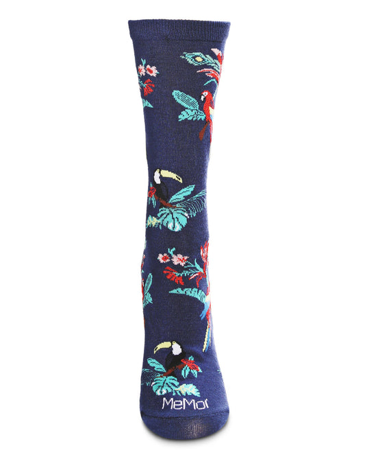 Tropical Parrots Bamboo Blend Crew Socks : Color: Navy