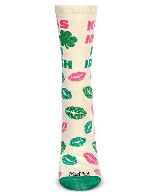 Women's Kiss Me I'm Irish Bamboo Crew Socks : Color: Winter White