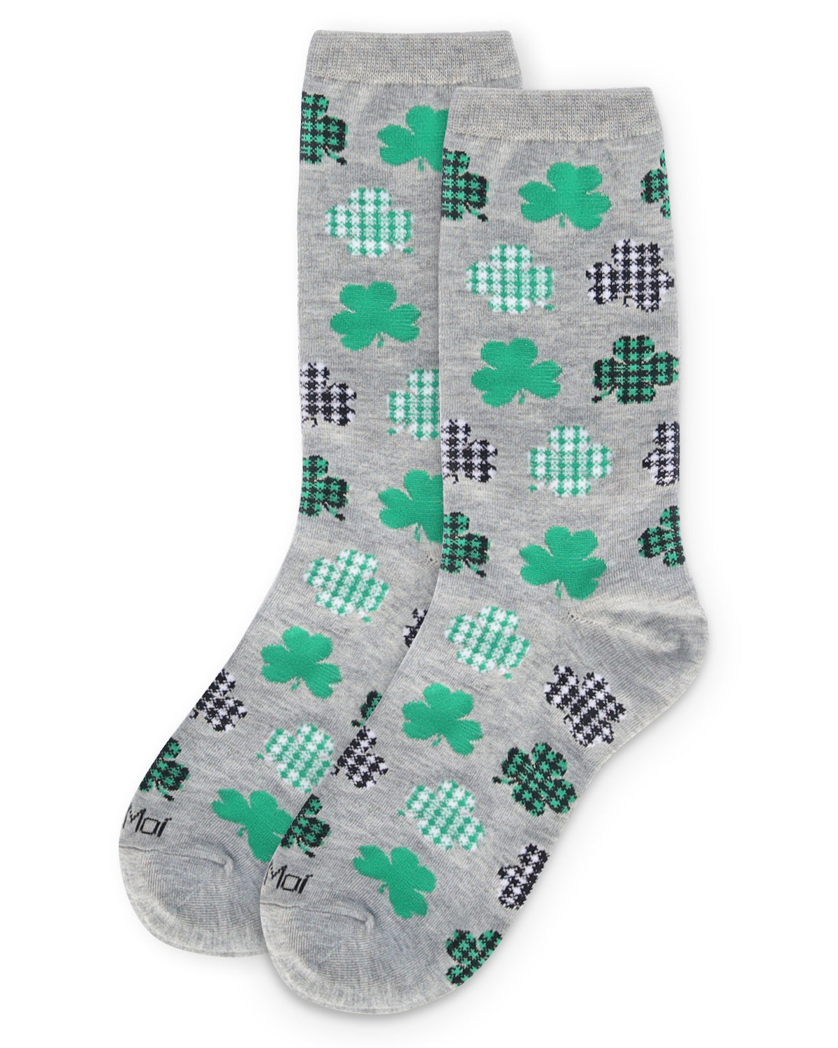 Women's Buffalo Plaid Shamrocks Bamboo Crew Socks : Color: Light Gray Heather
