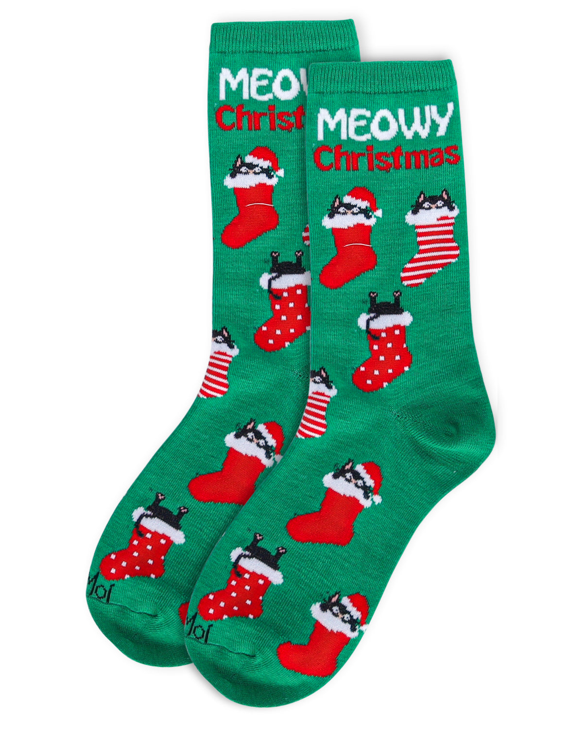 Women's Meowy Christmas Holiday Crew Socks : Color: Green
