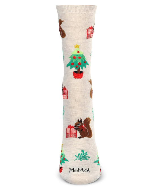 Women's Festive Squirrel Crew Socks : Color: Oatmeal Heather