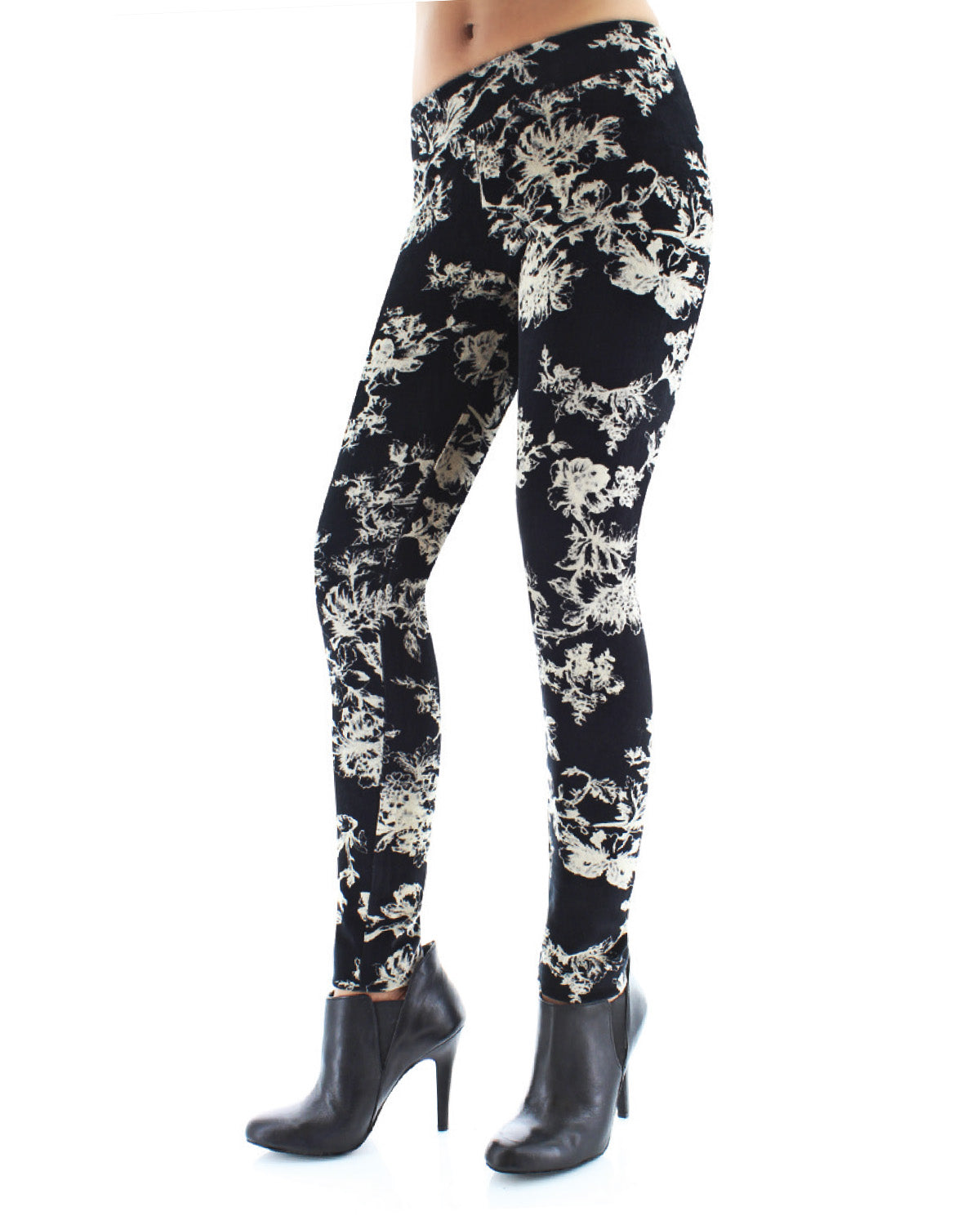 Velvet Abstract Floral Cotton Blend Leggings : Color: Black