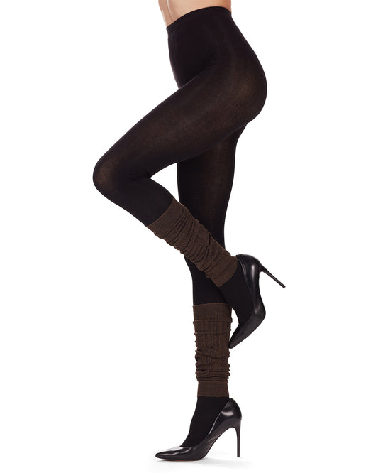 Textured Cable Legwarmer/ Flatknit Sweater Tights : Color: Brown Heather/Black