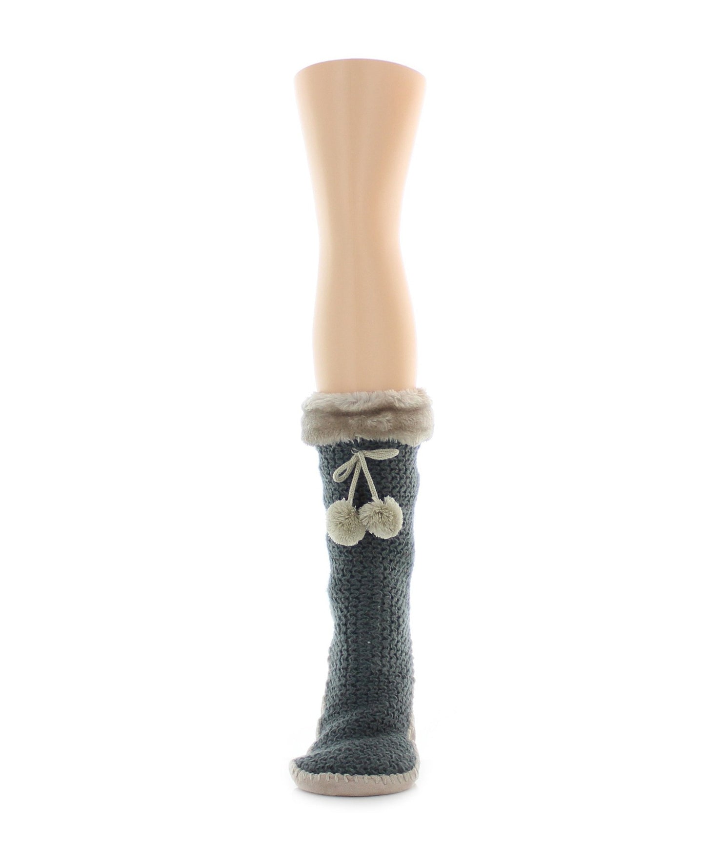 Comfy Knit Moccasin Pom-Pom Sherpa Lined Moccasin-Style Socks : Color: Taupe