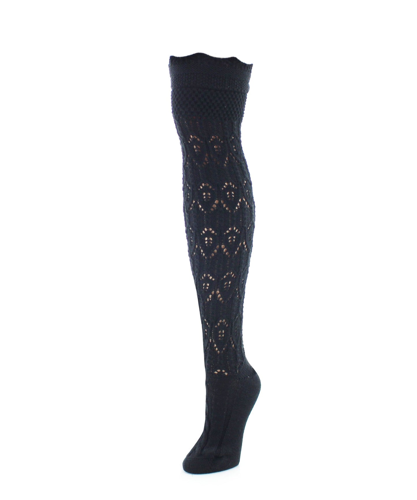 Diamond Pointelle Chunky Knit Over-The-Knee Warm Socks : Color: Black