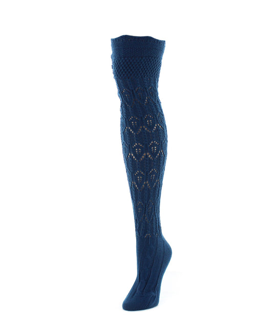 Diamond Pointelle Chunky Knit Over-The-Knee Warm Socks : Color: Blue