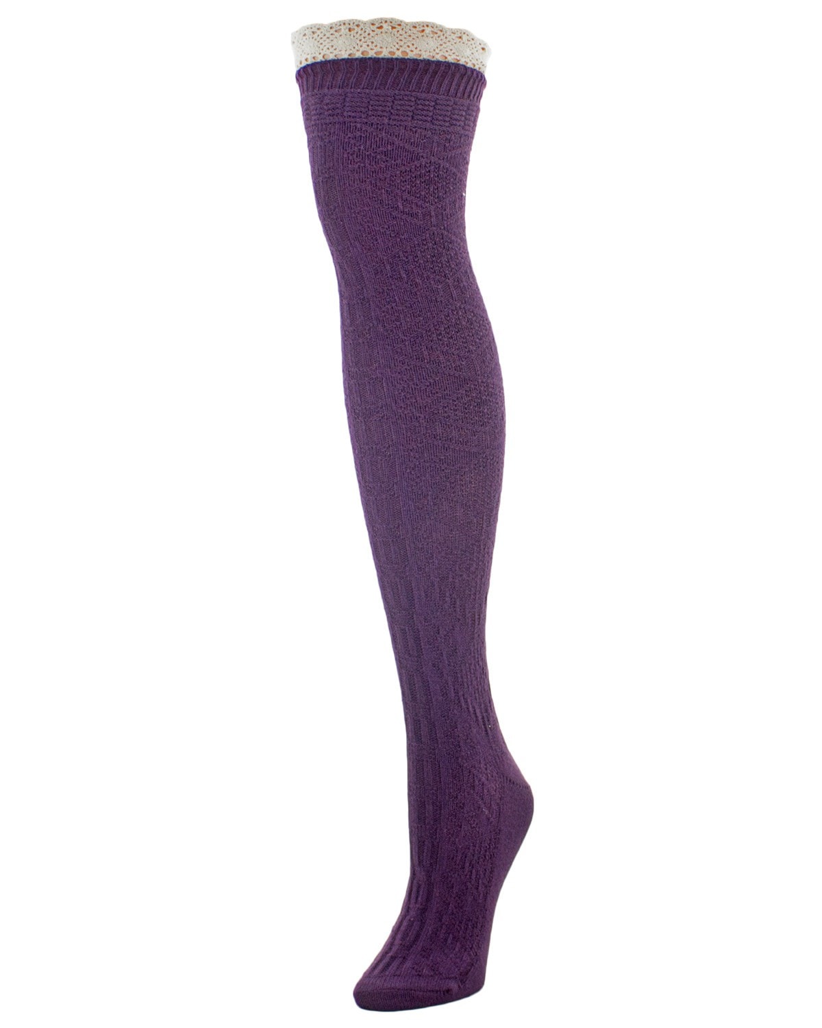Diamond Crochet Cotton Blend Over The Knee Socks : Color: Purple Pennant