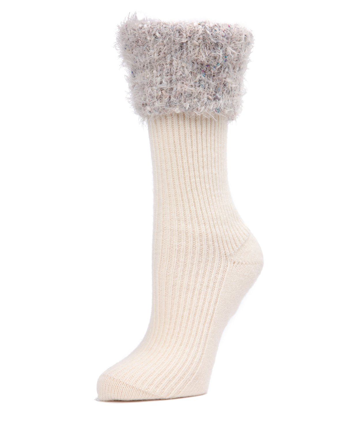 Women's Fancy Fuzz Cuff Ribbed Crew Socks : Color: Winter White