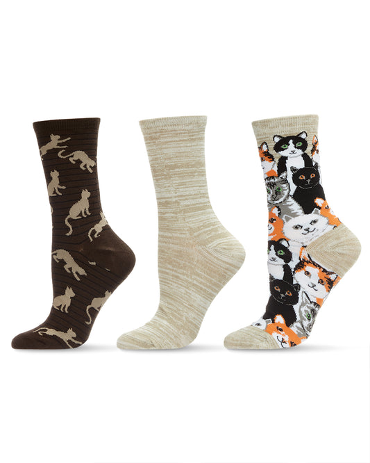Cats Montage Bamboo Blend Crew 3 Pair Pack : Color: Crockery