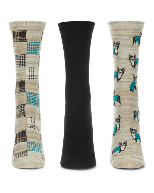 Women's 3 Pair Pack Boston Terrier Bamboo Blend Crew Socks : Color: Crockery