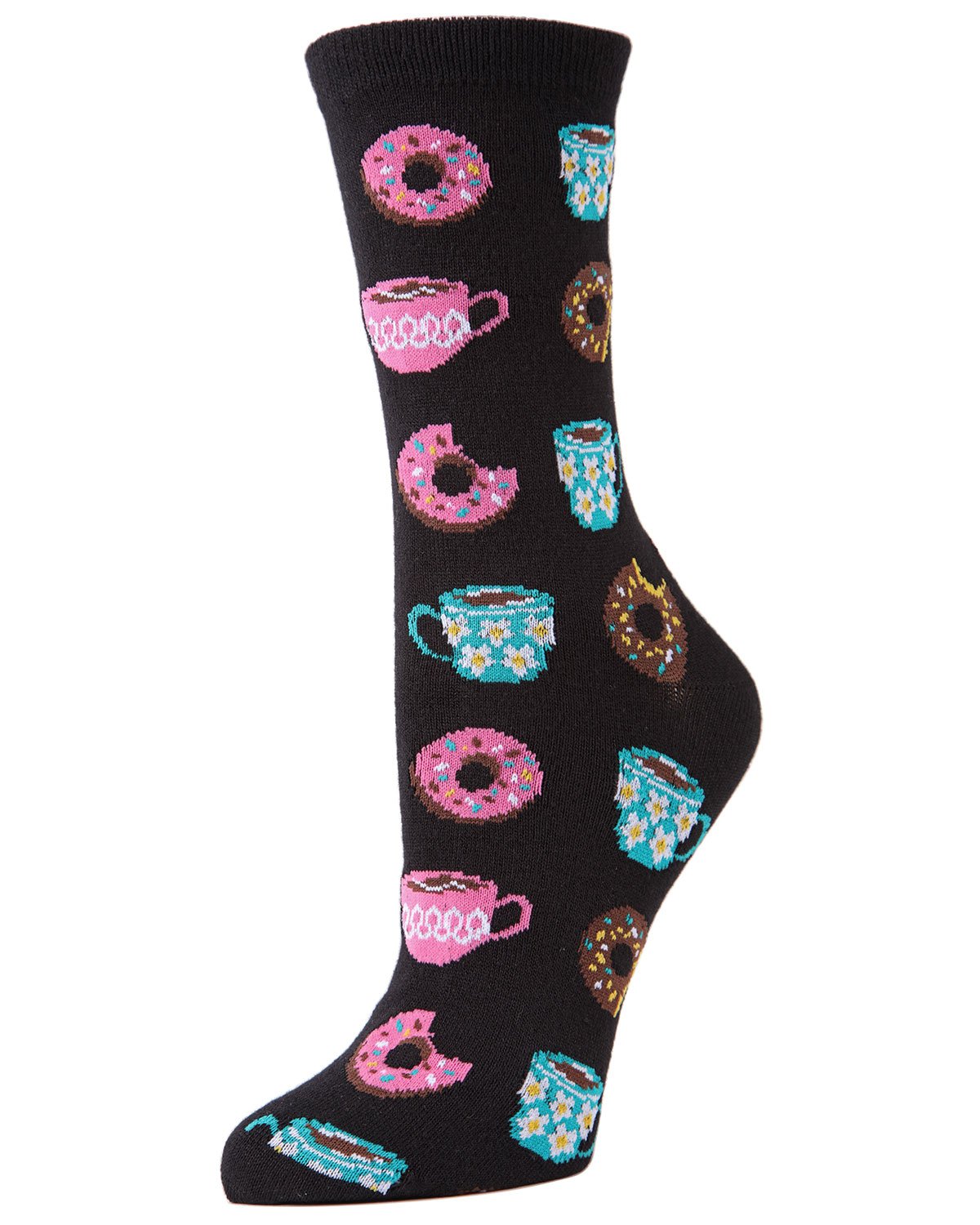Coffee & Donut Breakfast Bamboo Blend Crew Novelty Socks : Color: Black