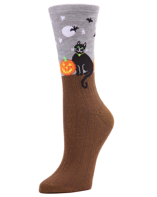 Women's Starry Night Cat Halloween Crew Socks : Color: Medium Gray Heather