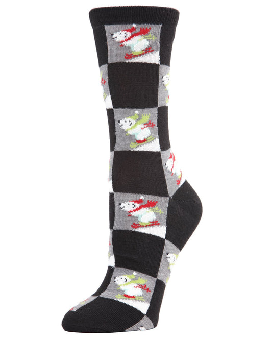 Women's Skiing Polar Bear Holiday Crew Socks : Color: Black