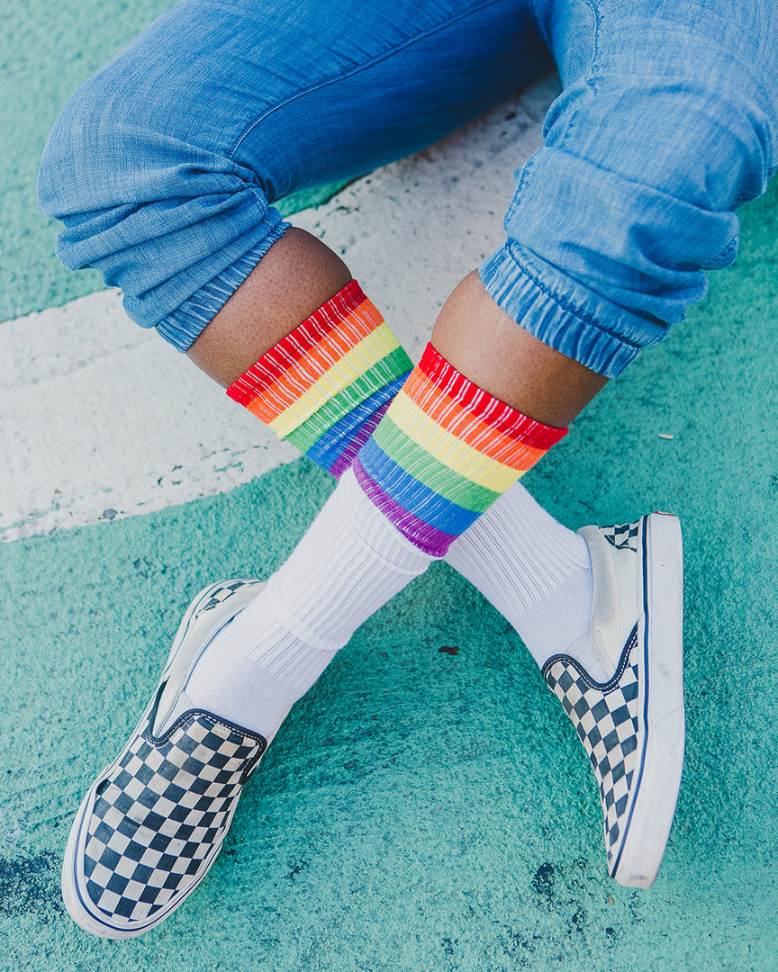 Women's Rainbow Rugby Ribbed Knee High Socks : Color: White