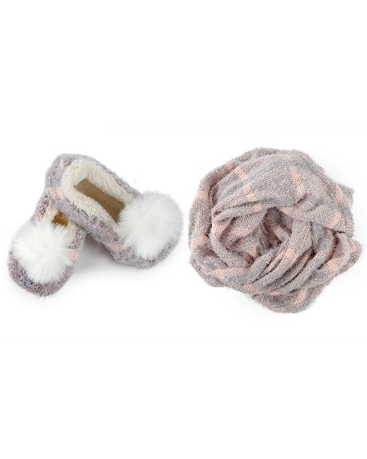 Perfect Plaid Knit Shawl & Plush Lined Slippers : Color: Gray