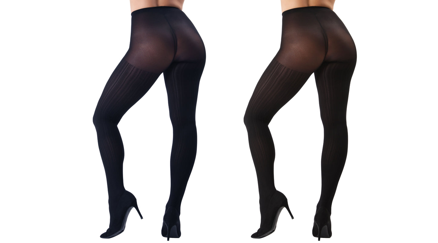 Cable Ribbed/Solid Control Top Tights 2-Pack : Color: Brown/Black