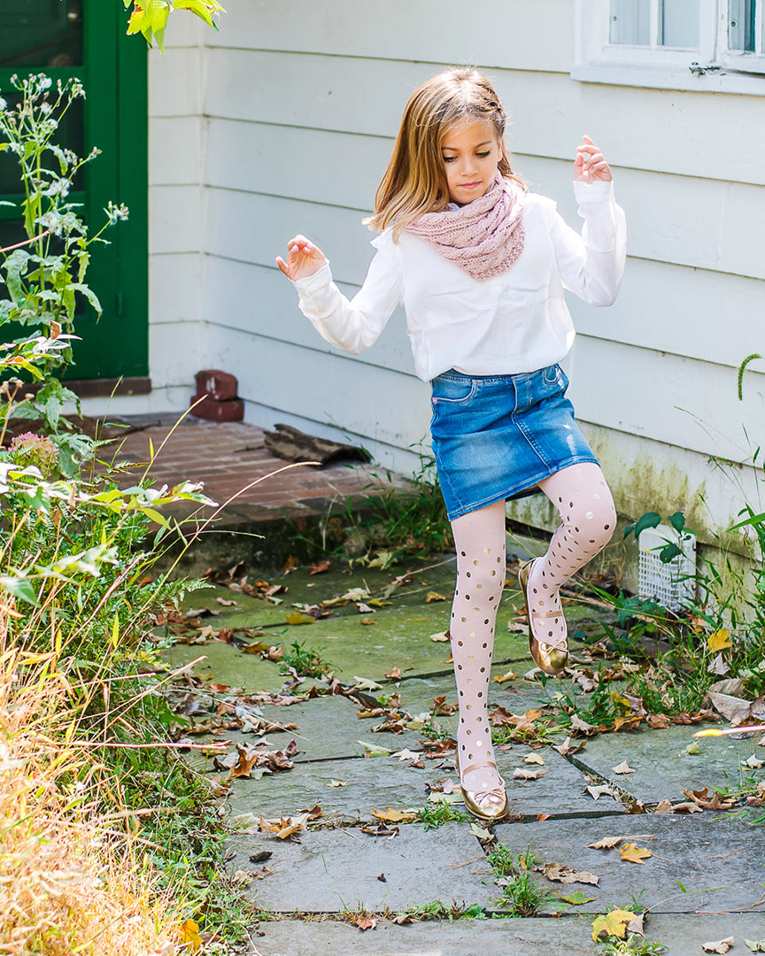 Metallic Polka Dot Cotton Blend Girls Tights : Color: Pale Blush