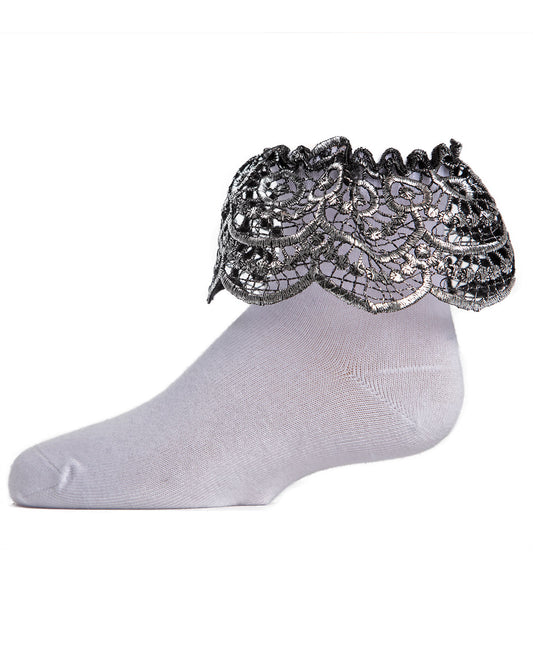 Metallic Scalloped Cotton Blend Anklet Socks : Color: White Silver