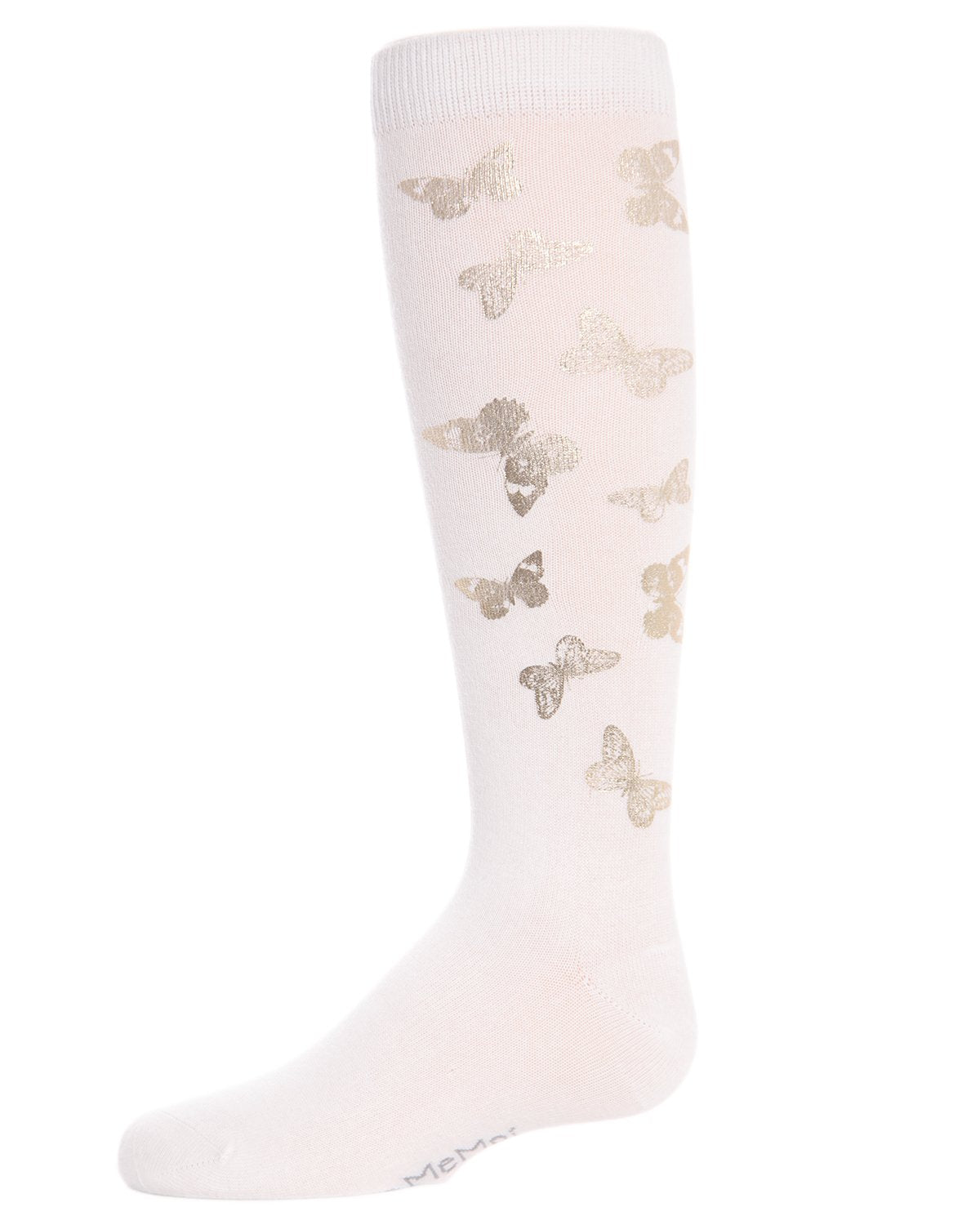 Gold and Gilded Butterfly Knee High Cotton Blend Girls Socks : Color: White