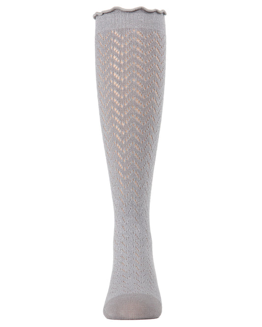 Girls Open Work Shimmer Cotton Blend Knee High Socks : Color: Silver