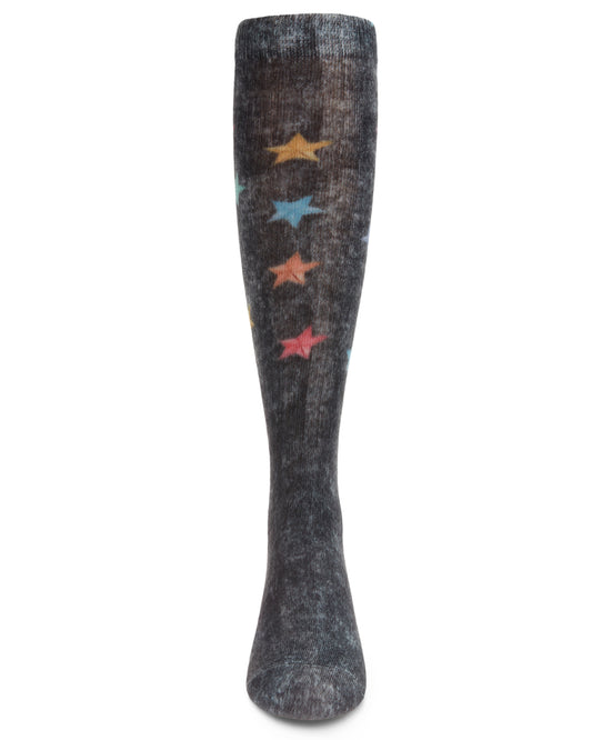 Distressed Wash Denim Stars Girls Knee High Sock : Color: Black