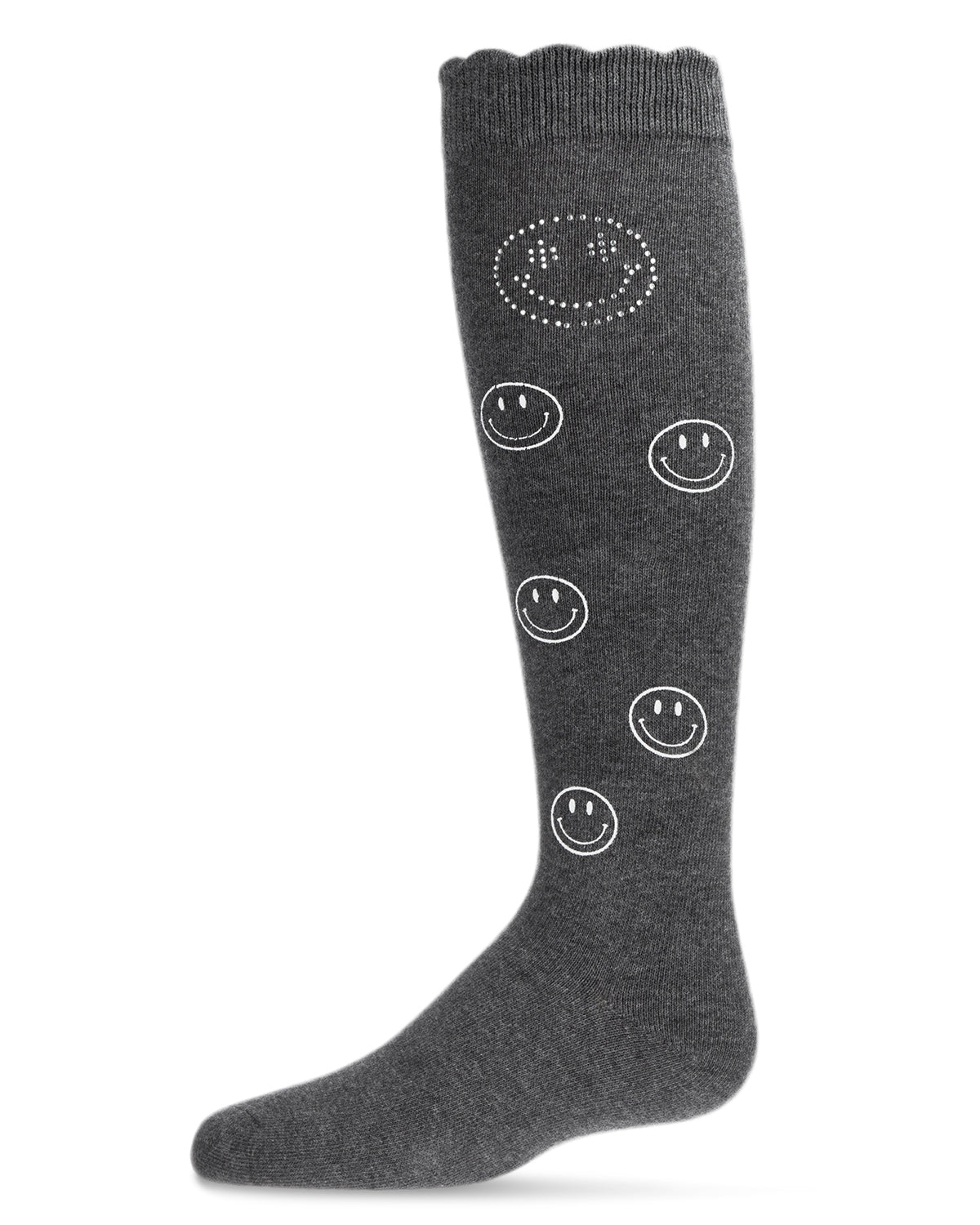 Jeweled Smiley Face Cotton Blend Knee High Socks : Color: Dark Gray Heather