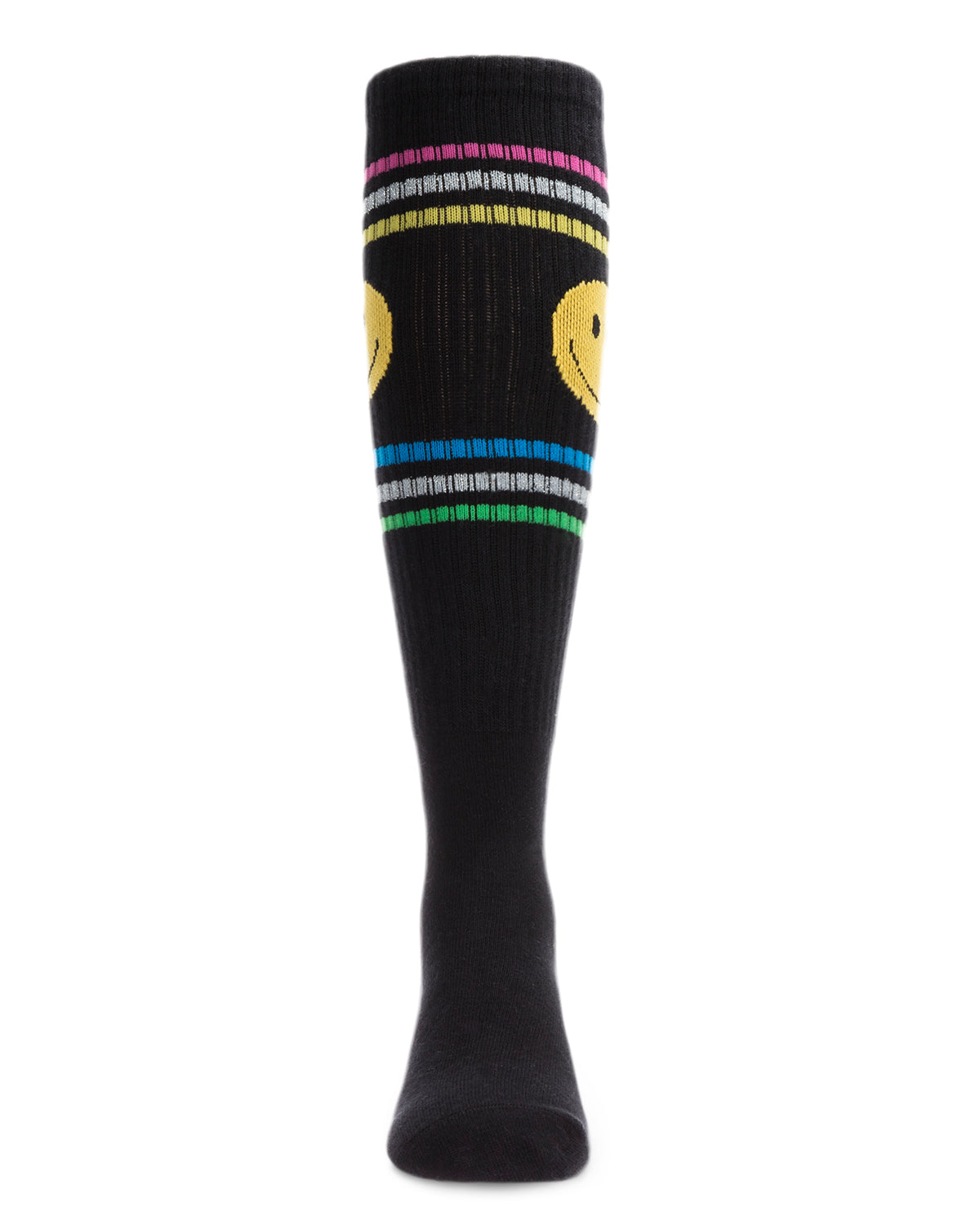 Multi Stripe Smiley Cotton Blend Knee High Sock : Color: Black