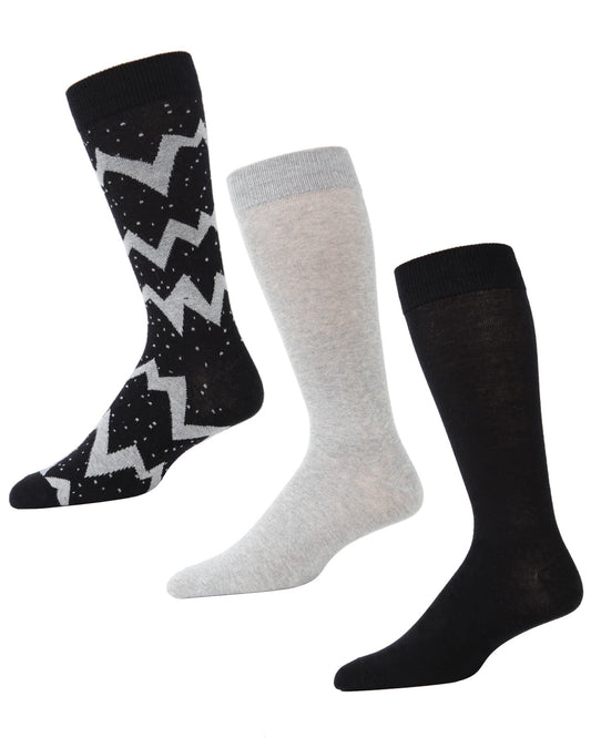 Men's 3 Pair Pack Lightning Bolt Cotton Blend Crew Socks : Color: Black