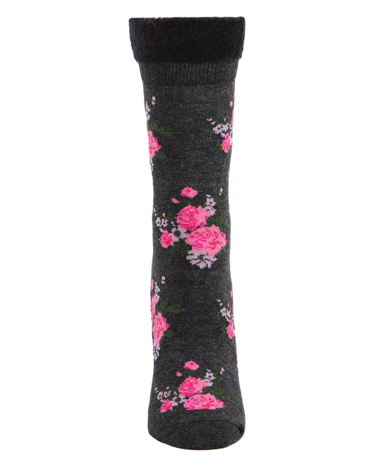 Women's Rosie Chenille Cuff Embroidered Flower Crew Socks : Color: Charcoal