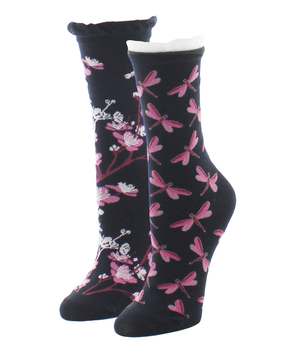 Dragonfly & Floral Cotton Blend Crew Sock 2 Pack : Color: Black