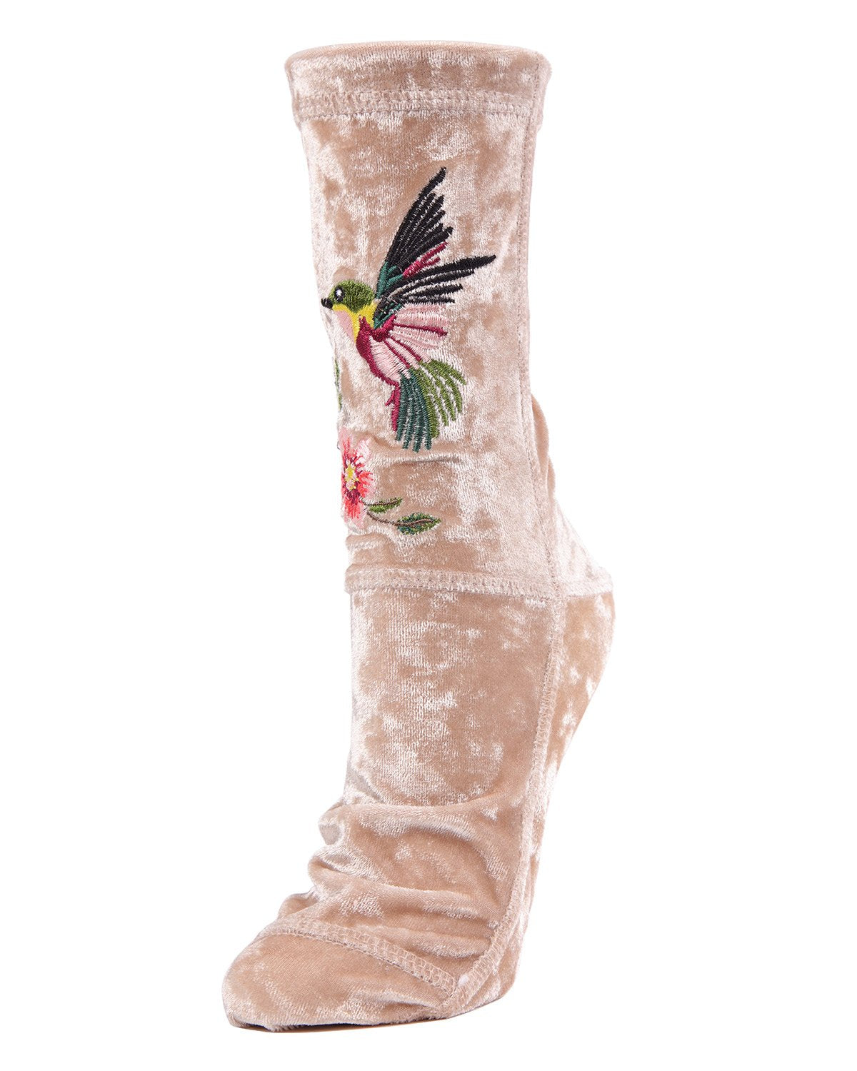 Hummingbird Embroidered Crushed Velvet Socks : Color: Cream