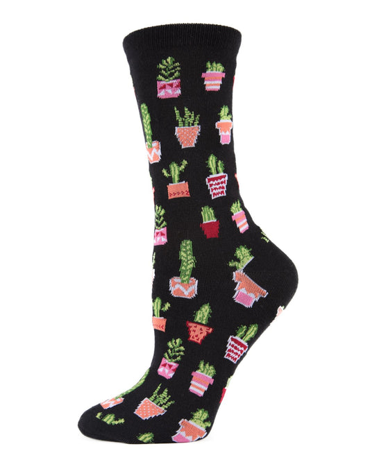 Potted Cacti Bamboo Blend Crew Socks : Color: Black