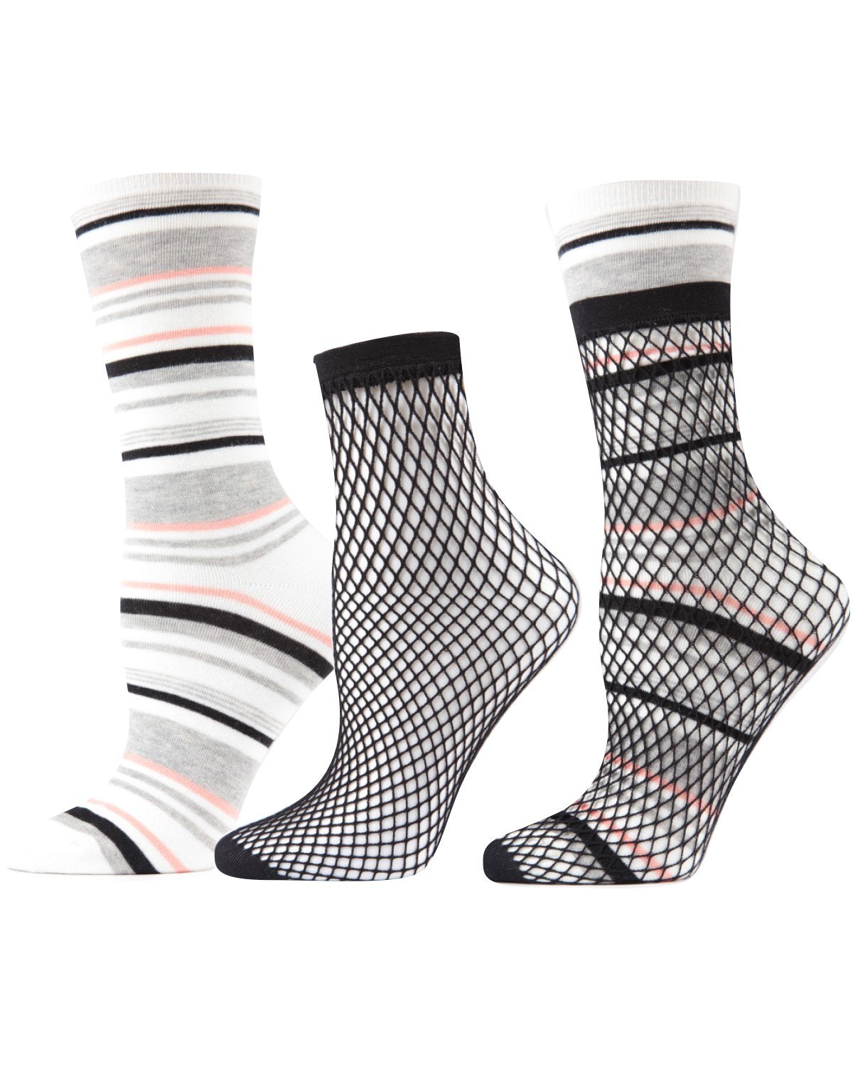 Three-In-One Striped Crew & Fishnet Sock : Color: White