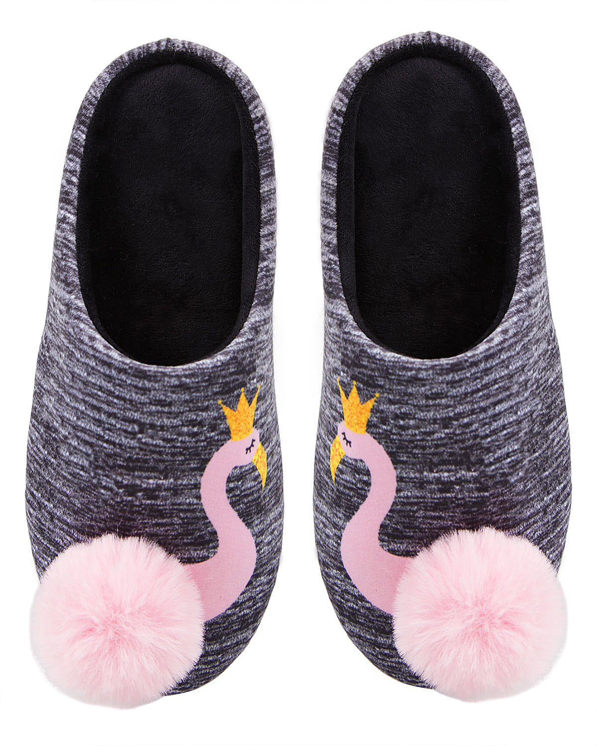Royal Flamingo Pompom Plush Slippers : Color: Gray