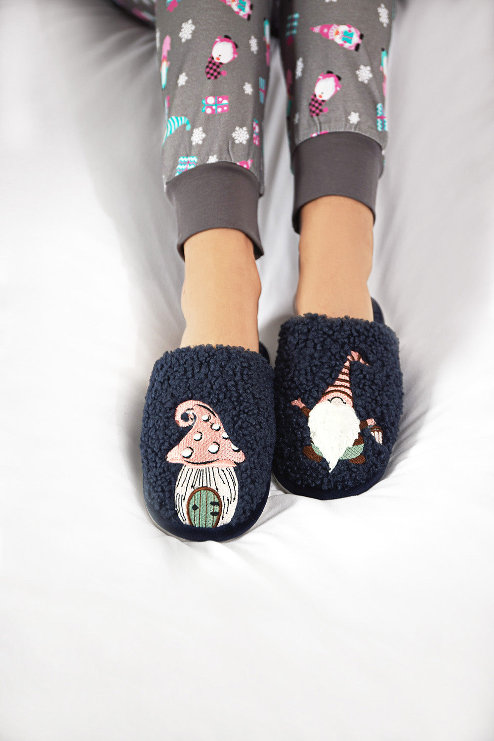 Women's Gnome & Mushroom Hard Bottom Plush Slippers : Color: Navy