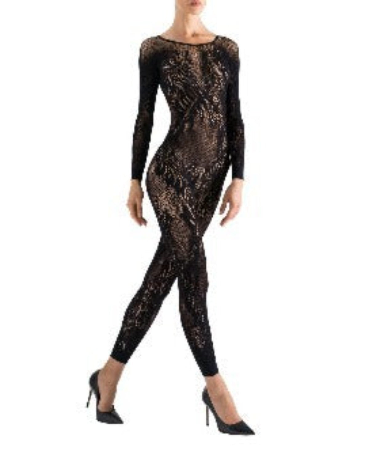 Natori Feathers Long Sleeve Lace Bodysuit : Color: Black