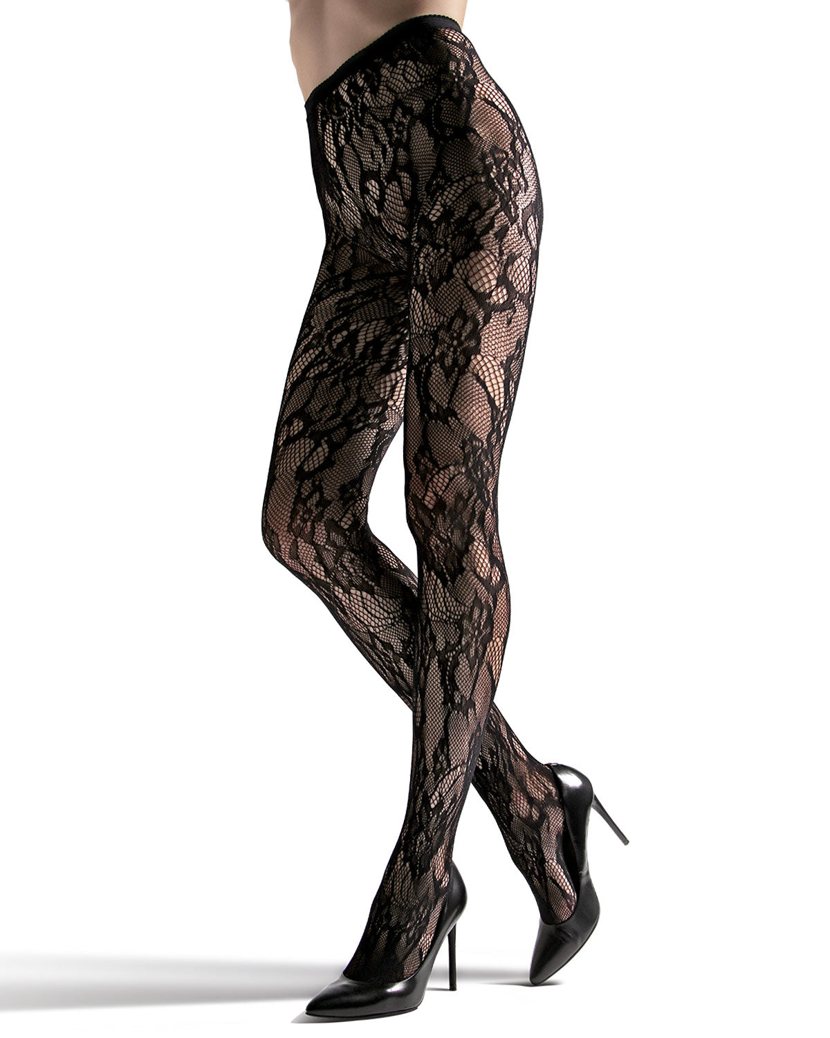 Floral Lace Cut-Out Fishnet Tights : Color: Black
