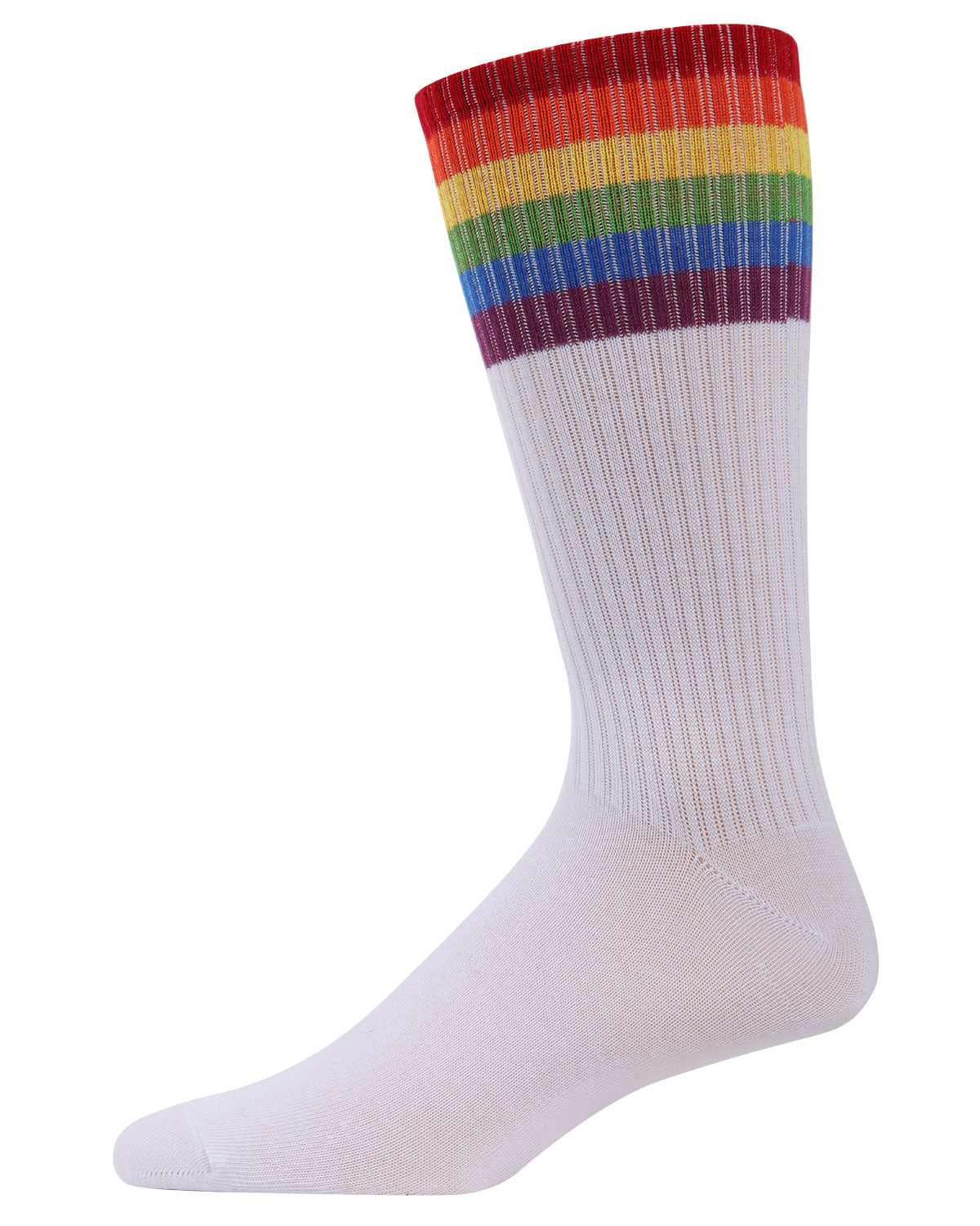 Men's Colorful Rainbow Striped Cuff Rugby Crew Sock : Color: White